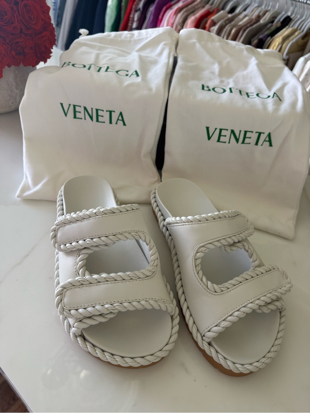 Bottega Veneta White Braided Leather Double-Strap Slide Sandals